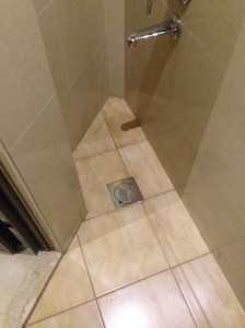 This is a shower in my apartment.....I still think it's the smallest shower I've ever seen!! What you can't see in this photos is the faucet.....one would almost have to be sitting on it to take a shower!!